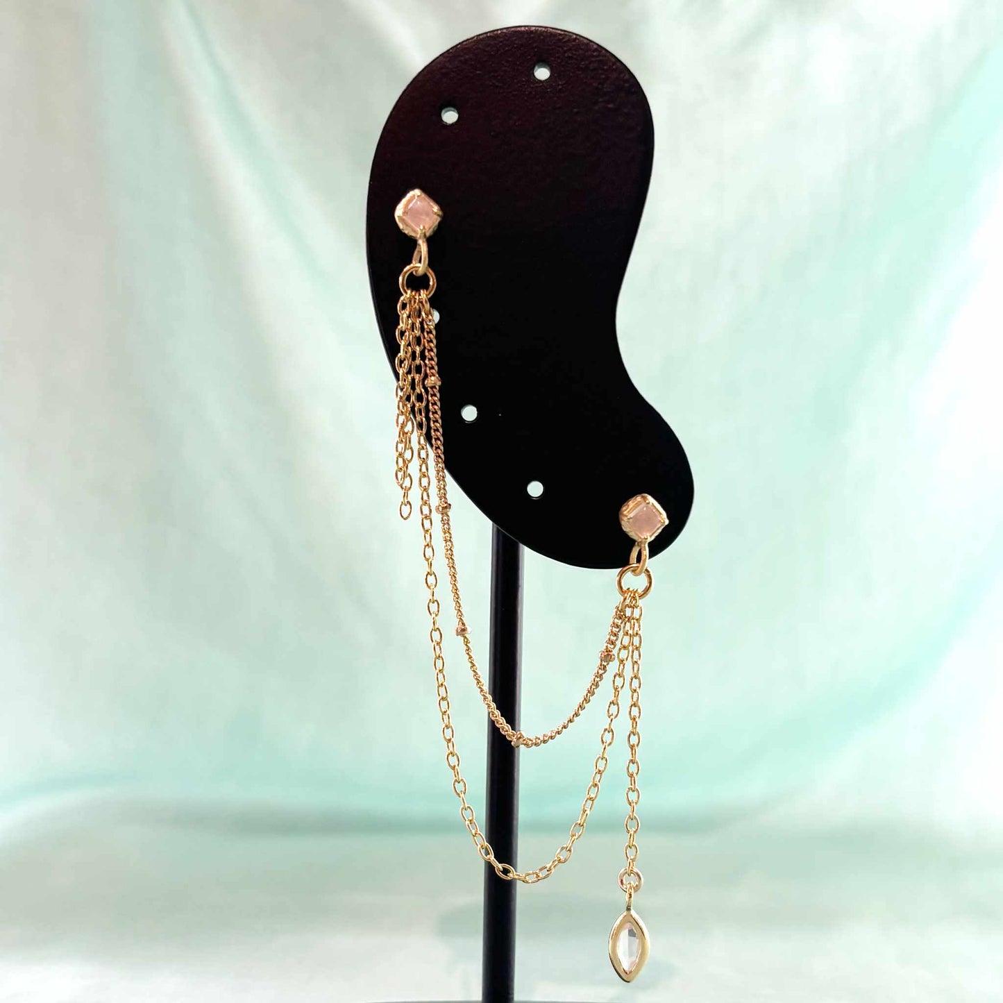 Boucle d'oreille Double trous Multi chaine  Quartz Rose