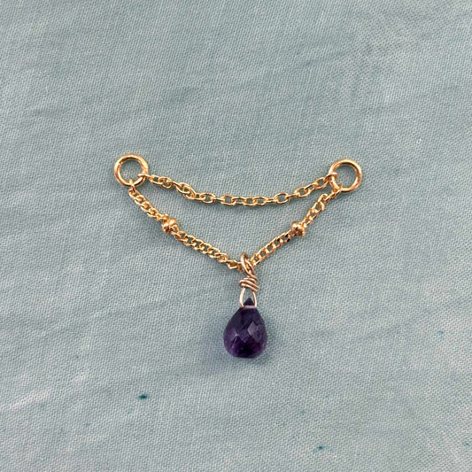 Chaine d'oreille double moyenne avec une goutte en Amethyste violette